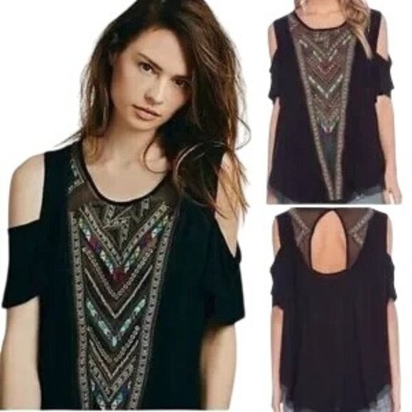 Free People Gypsy Spell Black Embroidered Cold Shoulder Tunic - Picture 2 of 8